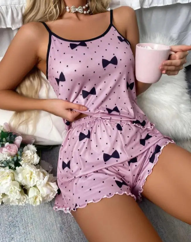 Women’s Heart Print Ice Silk Pajama Set