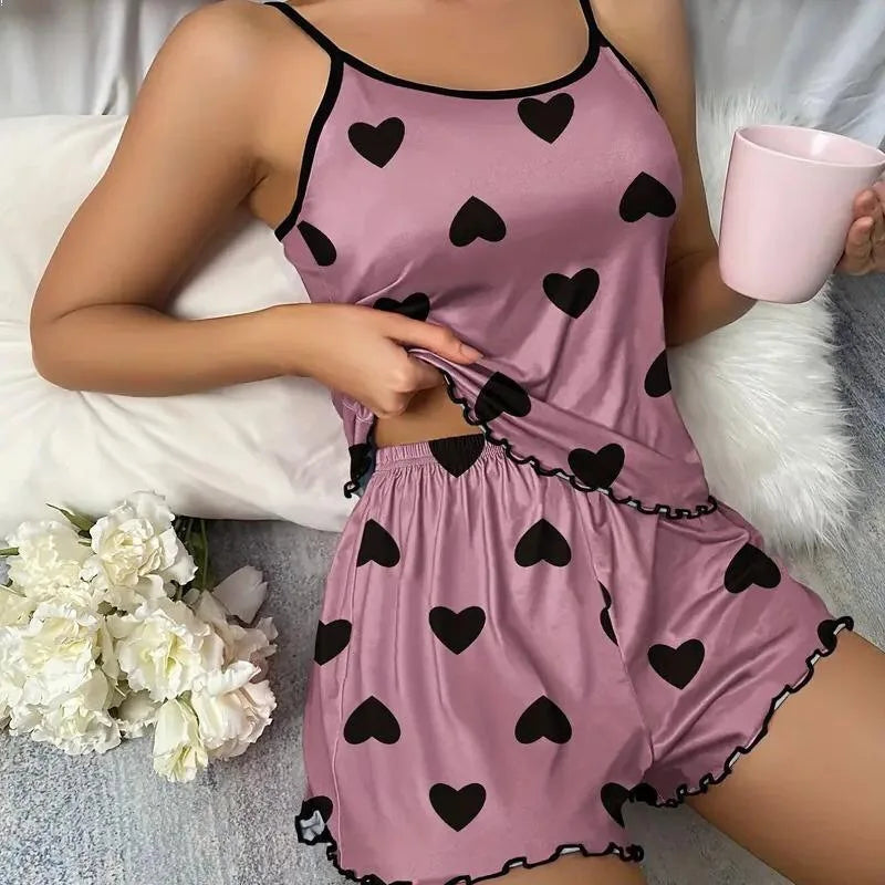 Women’s Heart Print Ice Silk Pajama Set