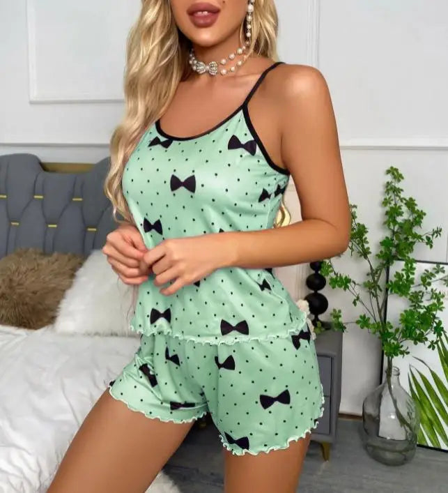 Women’s Heart Print Ice Silk Pajama Set