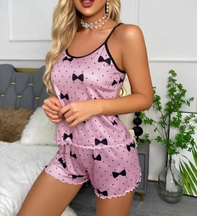Women’s Heart Print Ice Silk Pajama Set