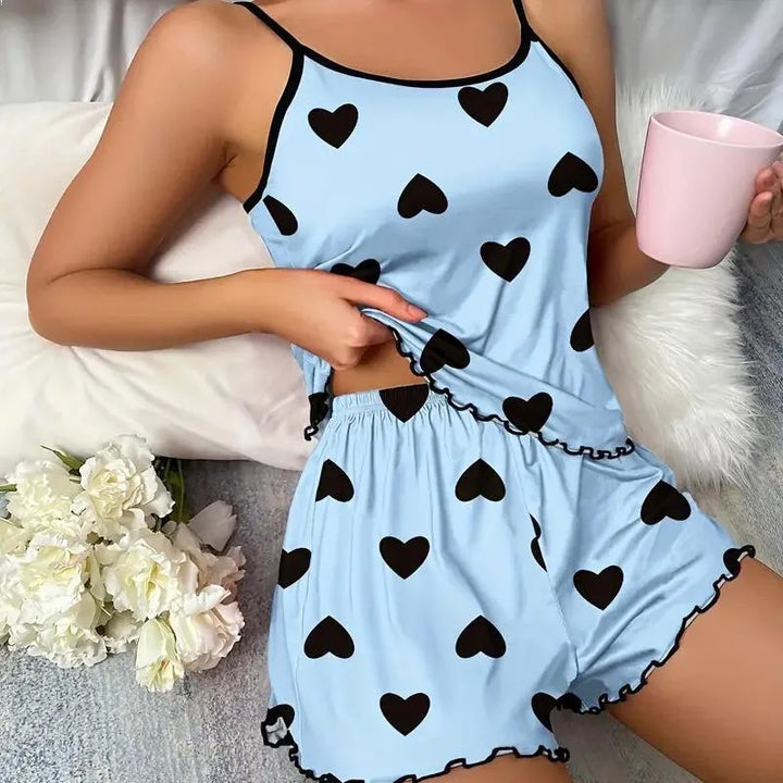 Women’s Heart Print Ice Silk Pajama Set