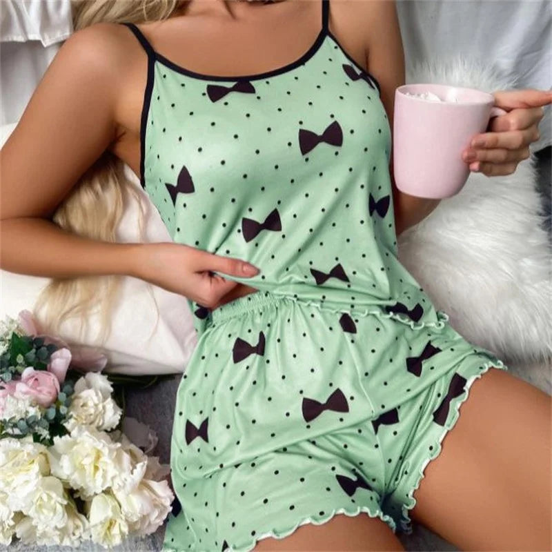 Women’s Heart Print Ice Silk Pajama Set