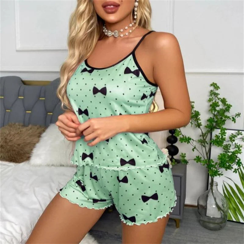 Women’s Heart Print Ice Silk Pajama Set