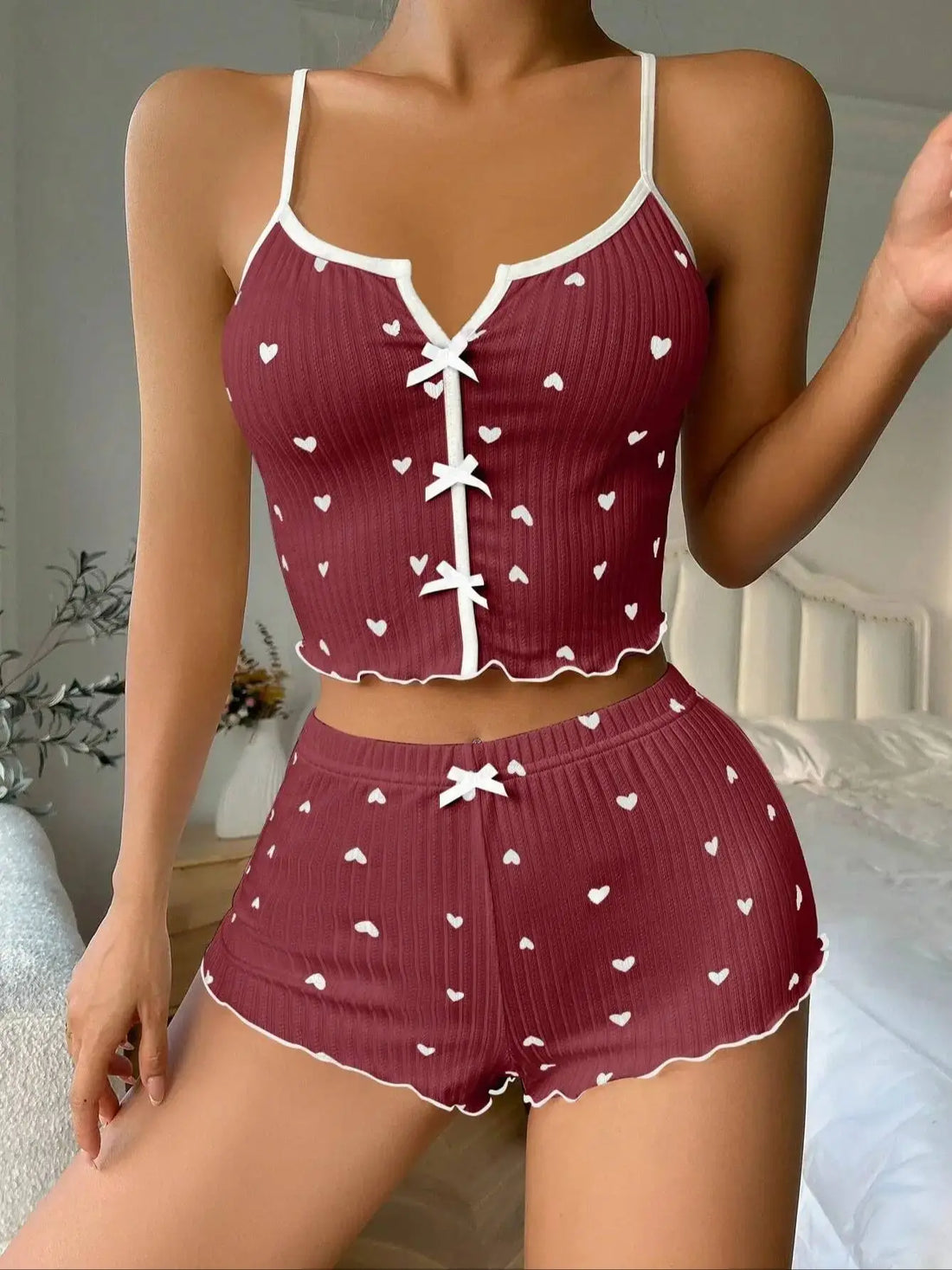Women’s Heart Print Silk Pajama Set