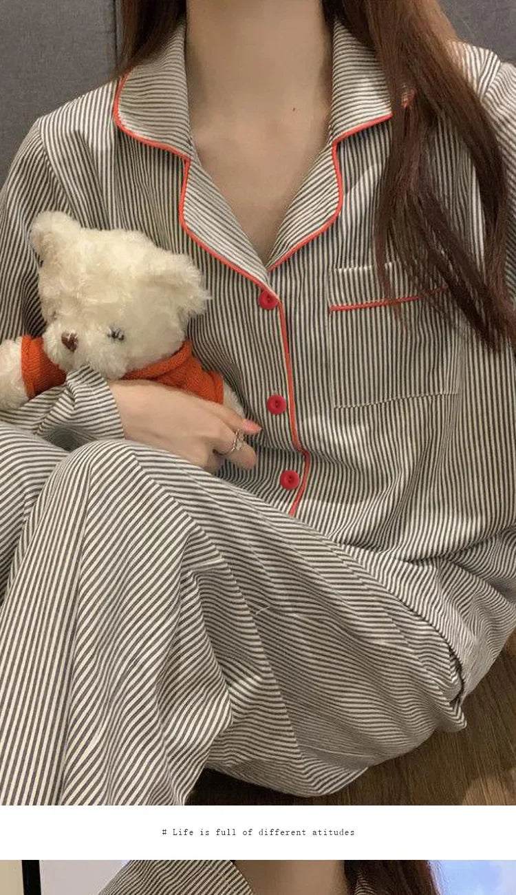 Women’s Gray Striped Long Sleeve Pajama Set