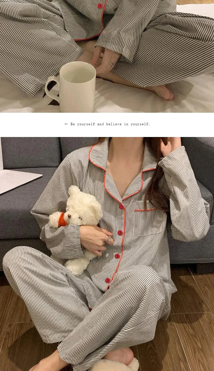 Women’s Gray Striped Long Sleeve Pajama Set