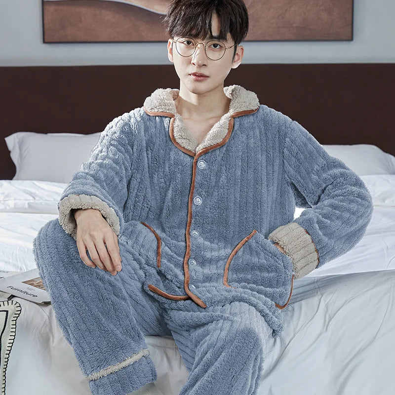 Men’s Flannel Zipper Pajama Set – Autumn/Winter