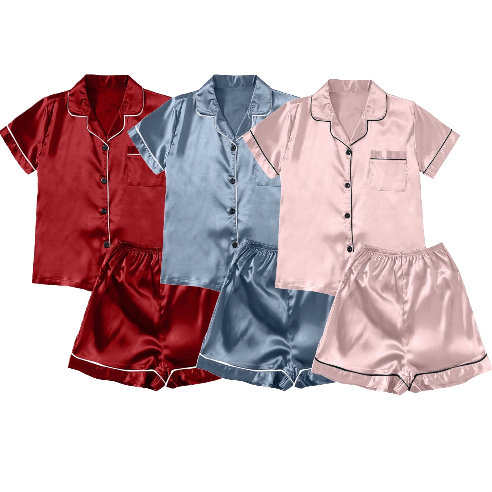 Women’s Ice Silk Short-Sleeve Pajama Set – 3 Pieces