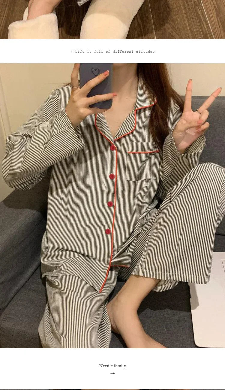 Women’s Gray Striped Long Sleeve Pajama Set