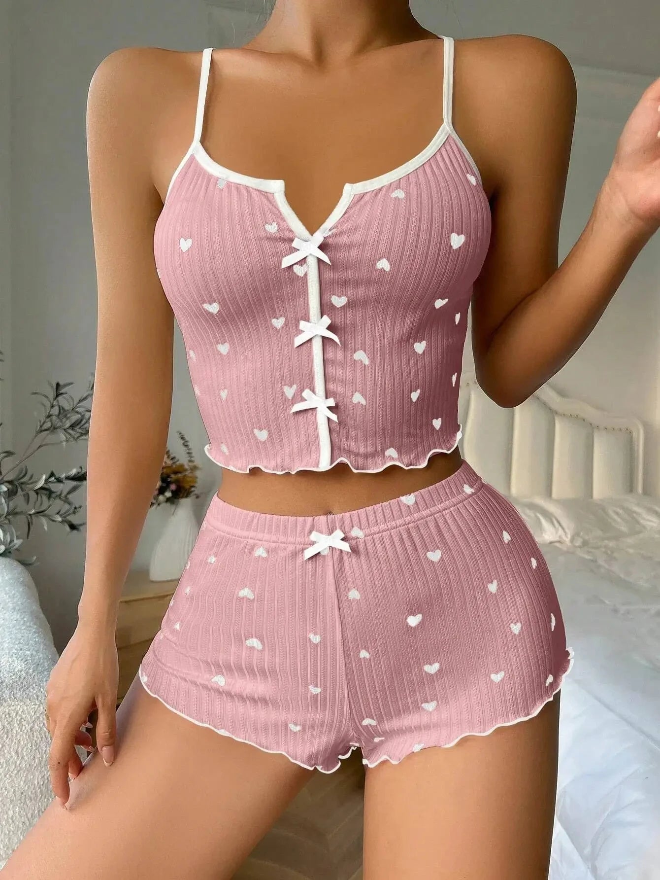 Women’s Heart Print Silk Pajama Set