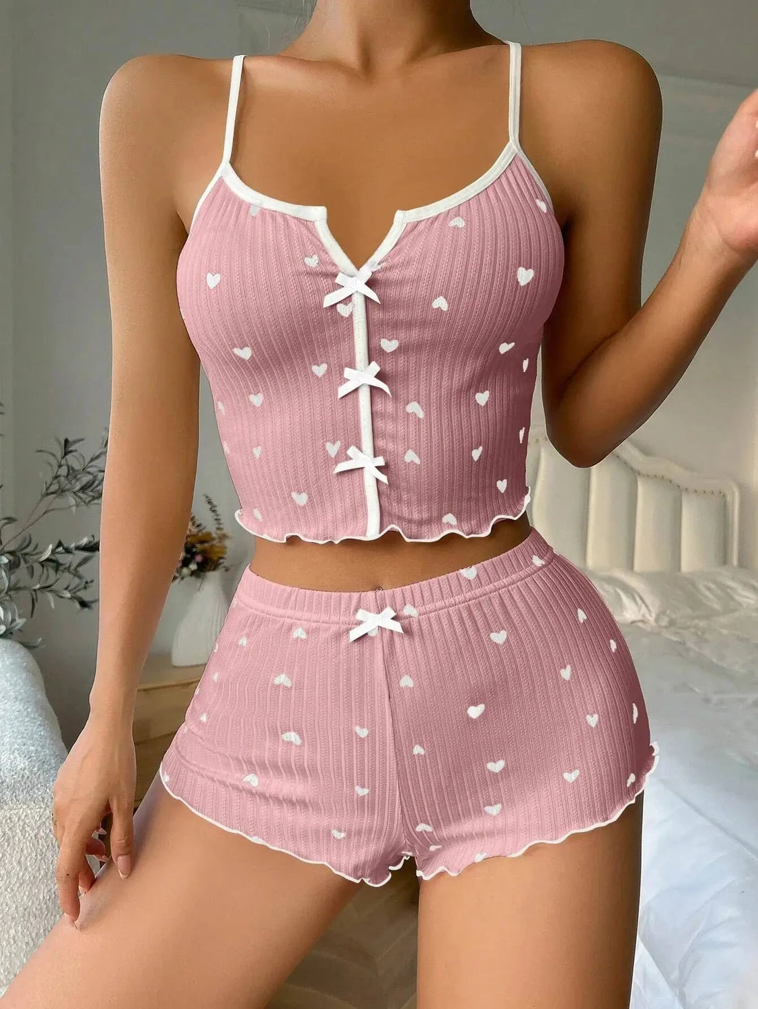 Women’s Heart Print Silk Pajama Set