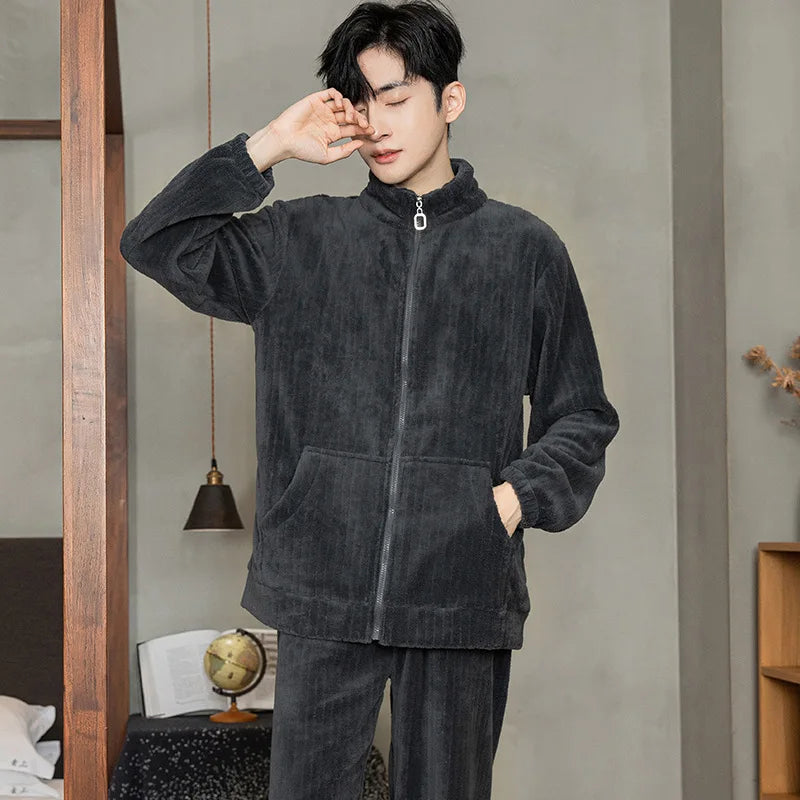 Men’s Flannel Zipper Pajama Set – Autumn/Winter