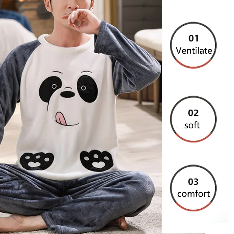 2pcs Men’s Coral Fleece Pajama Set – Fall & Winter