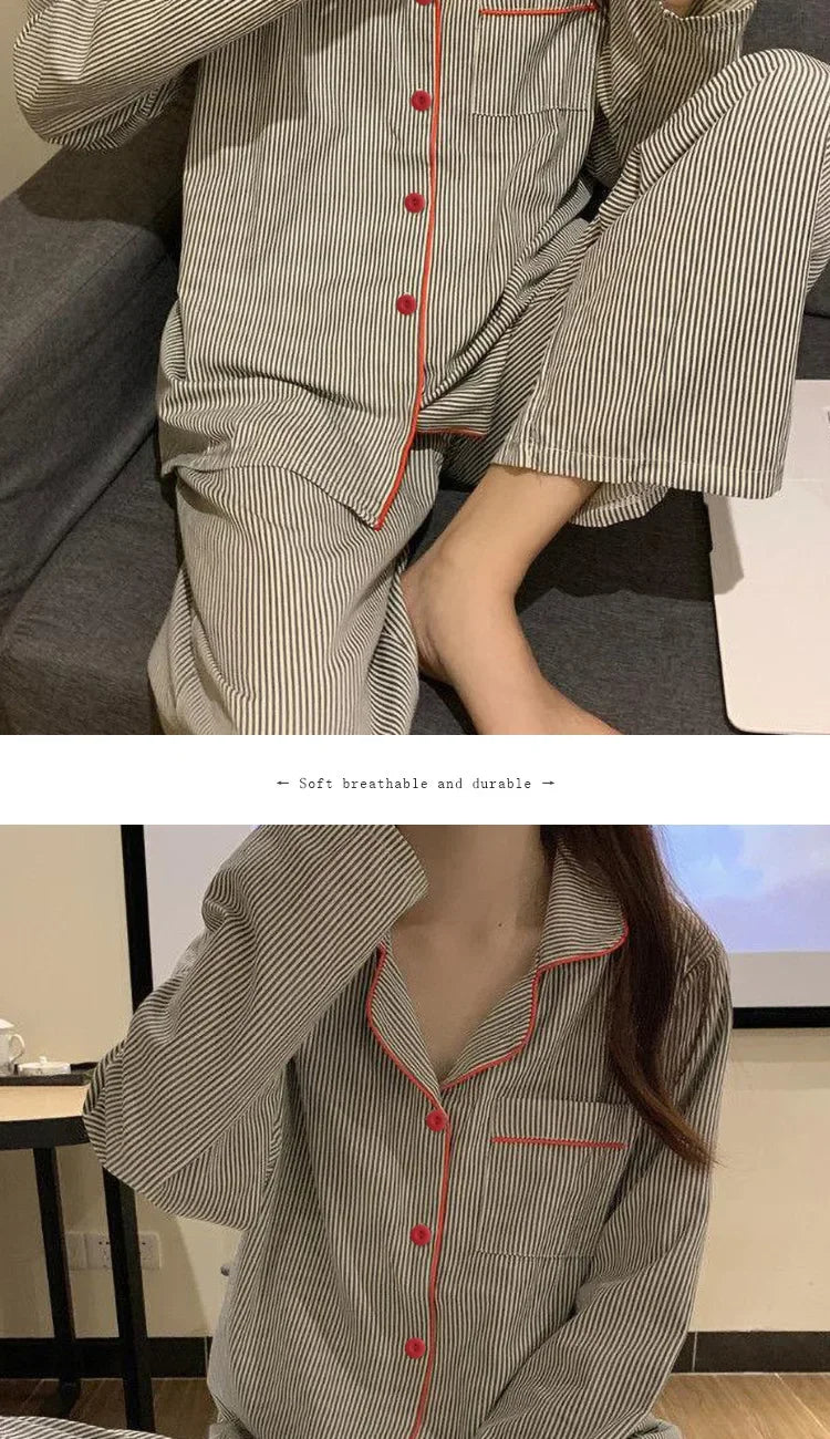 Women’s Gray Striped Long Sleeve Pajama Set