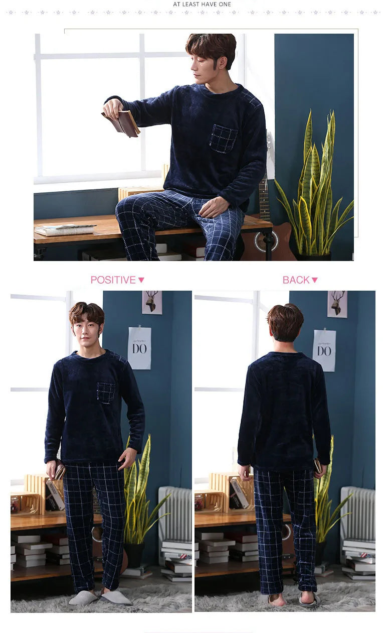 2pcs Men’s Coral Fleece Pajama Set – Fall & Winter