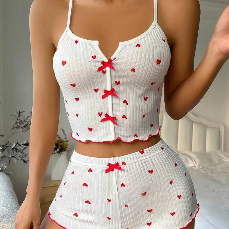 Women’s Heart Print Silk Pajama Set