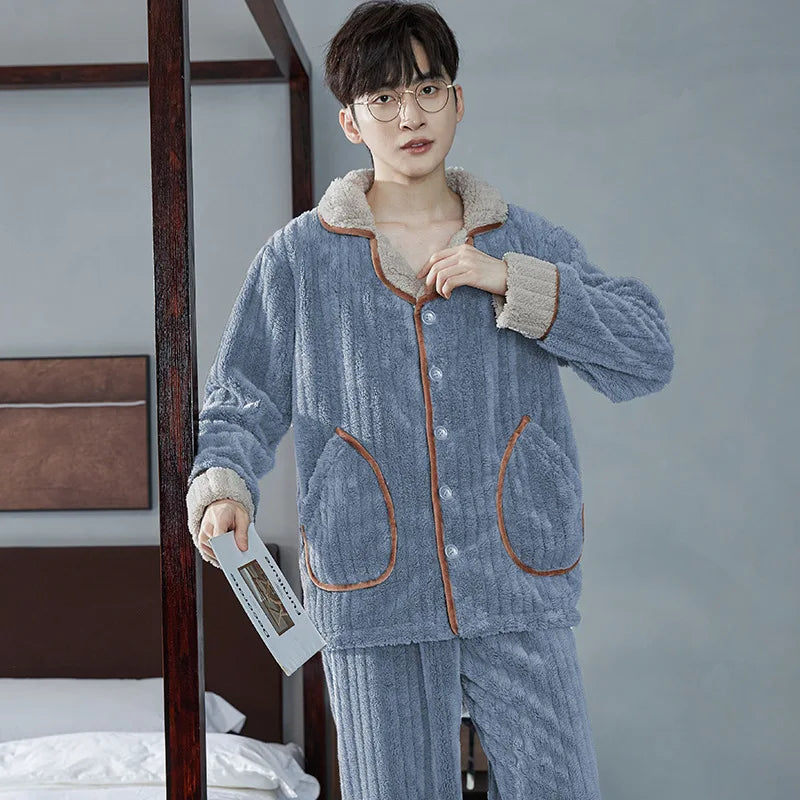 Men’s Flannel Zipper Pajama Set – Autumn/Winter