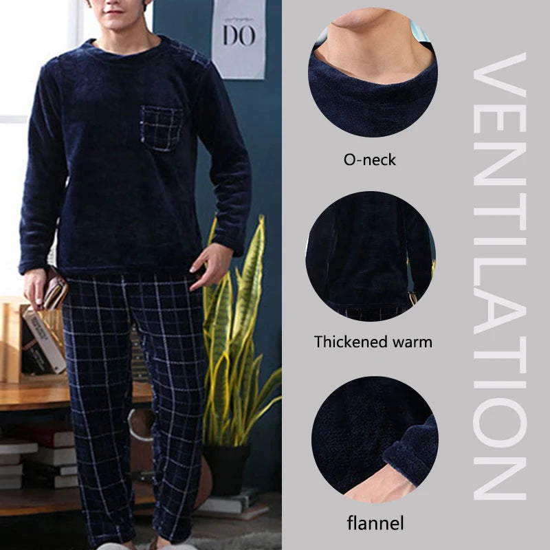 2pcs Men’s Coral Fleece Pajama Set – Fall & Winter