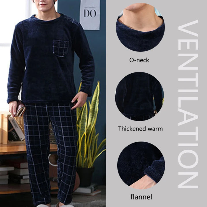 2pcs Men’s Coral Fleece Pajama Set – Fall & Winter