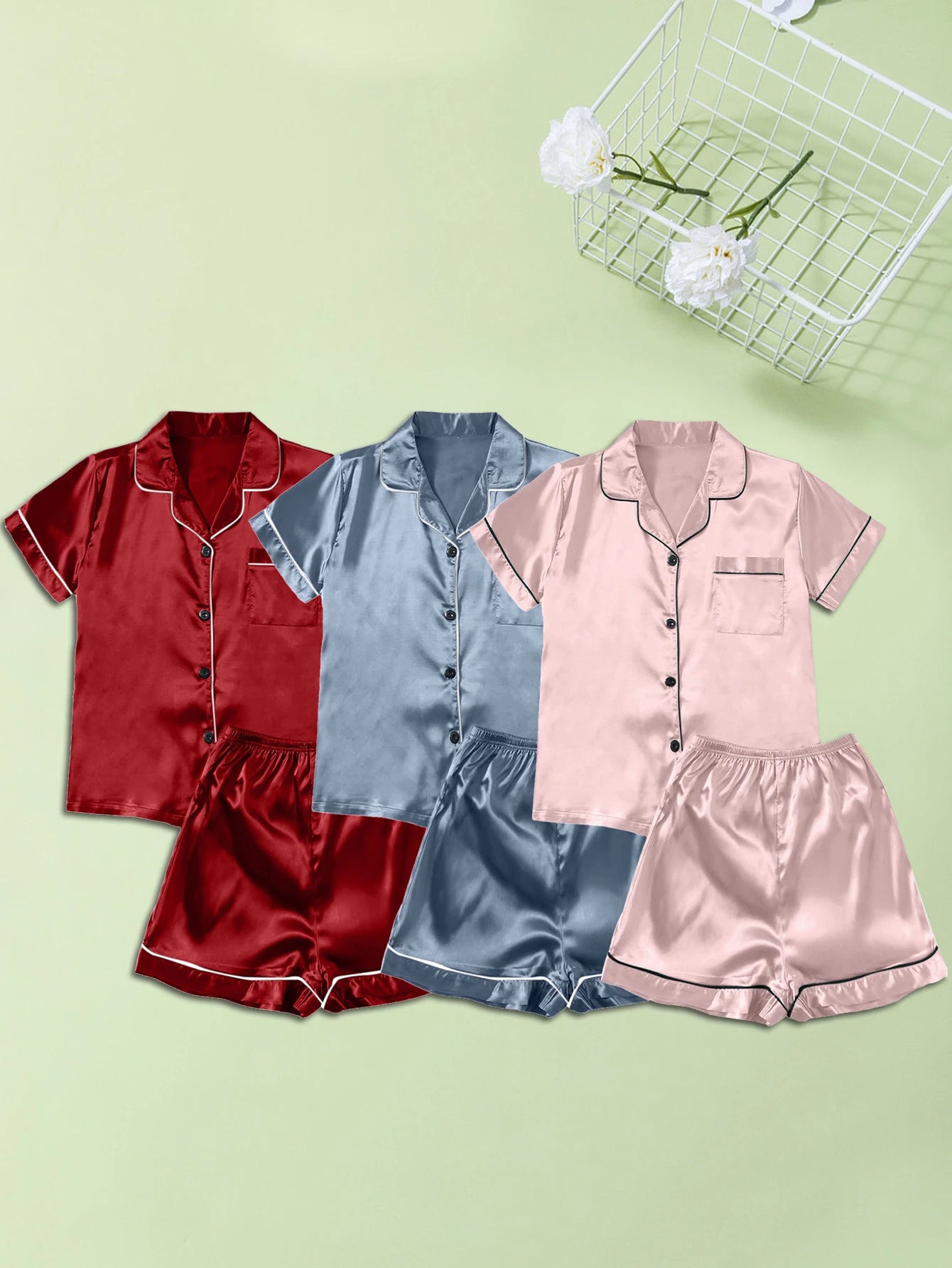 Women’s Ice Silk Short-Sleeve Pajama Set – 3 Pieces
