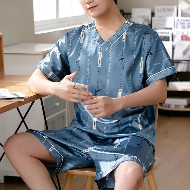 Men’s Ice Silk Short-Sleeve Pajama Set – Large Size