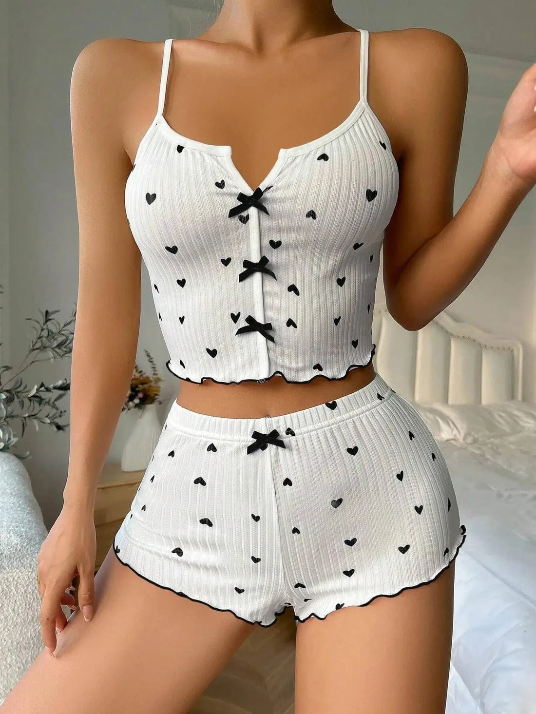 Women’s Heart Print Silk Pajama Set