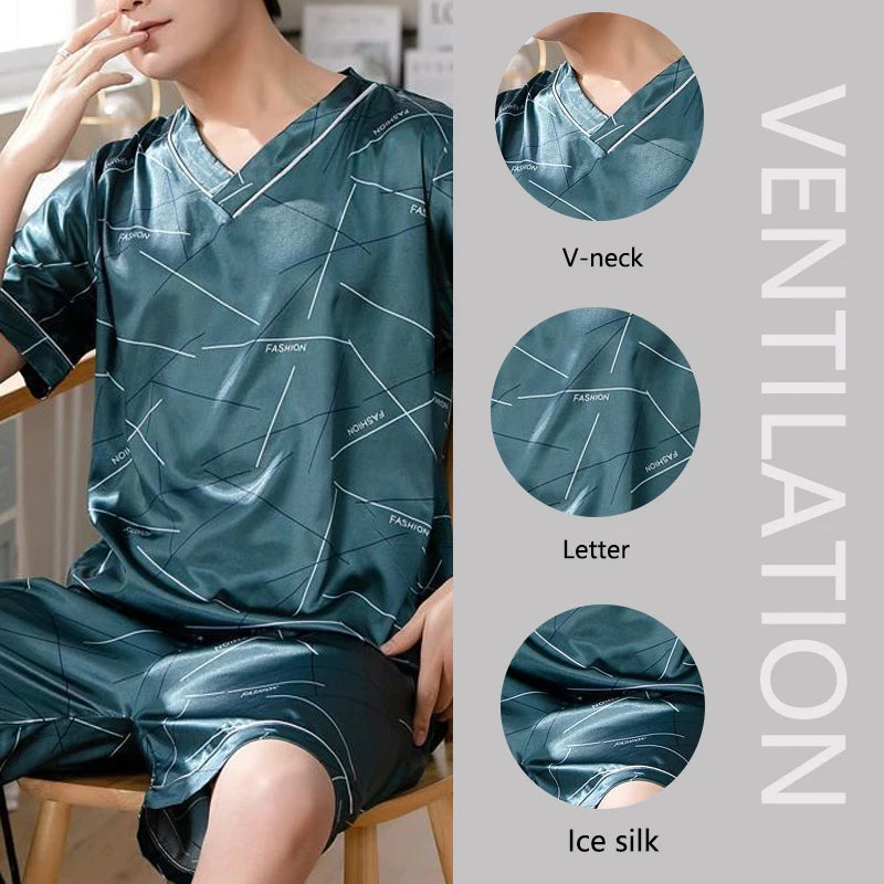 Men’s Ice Silk Short-Sleeve Pajama Set – Large Size