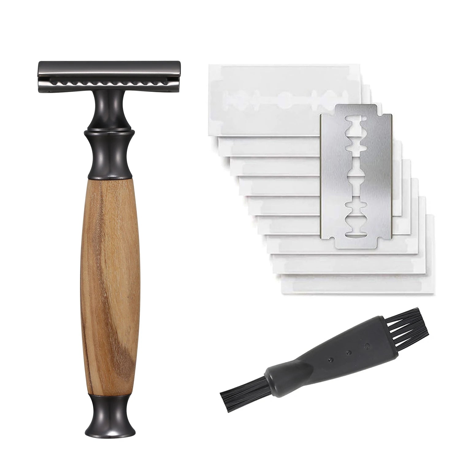 Olive Wood Safety Razor with 10 Blades