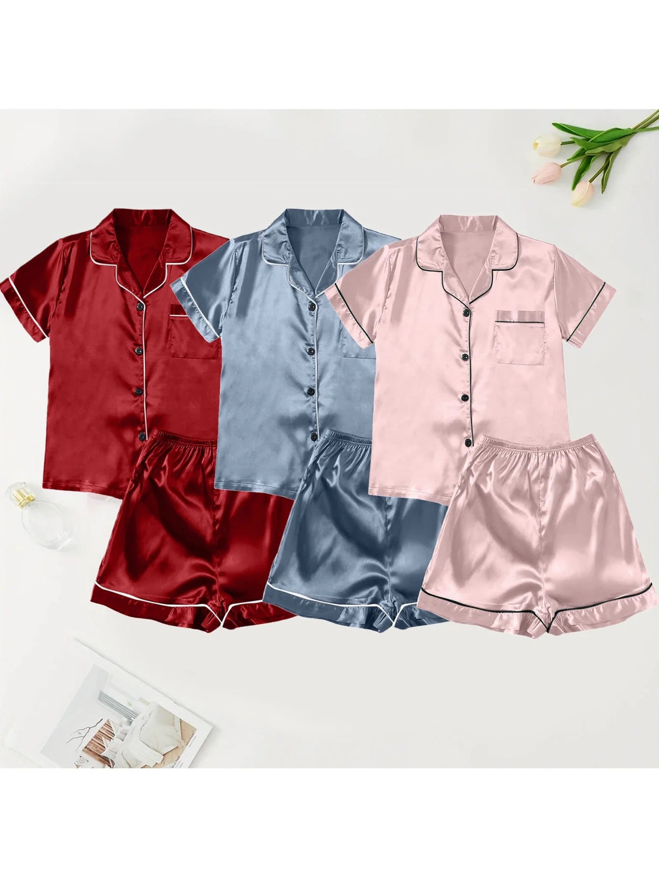 Women’s Ice Silk Short-Sleeve Pajama Set – 3 Pieces