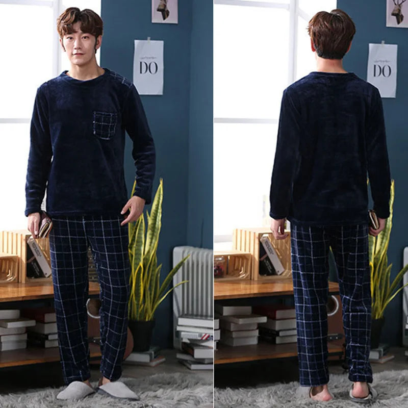 2pcs Men’s Coral Fleece Pajama Set – Fall & Winter
