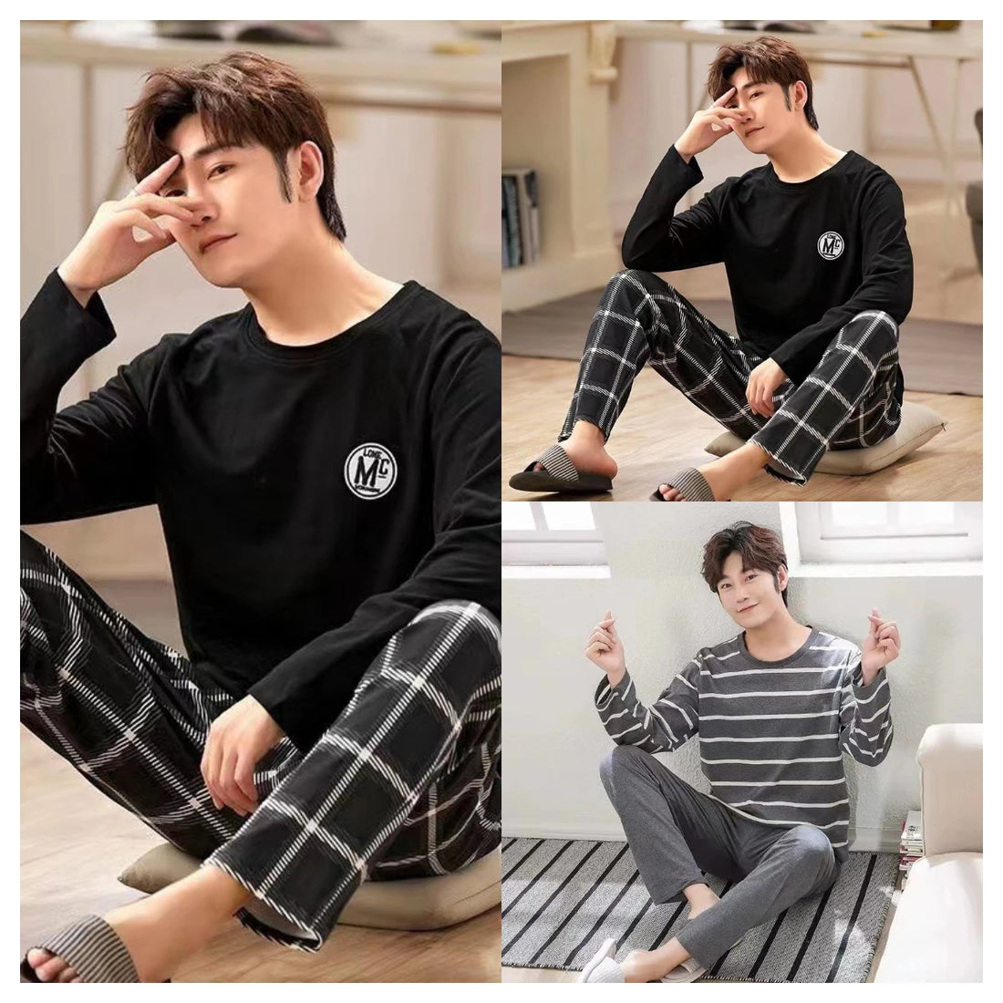 Men’s Summer Black Plaid Pajama Set