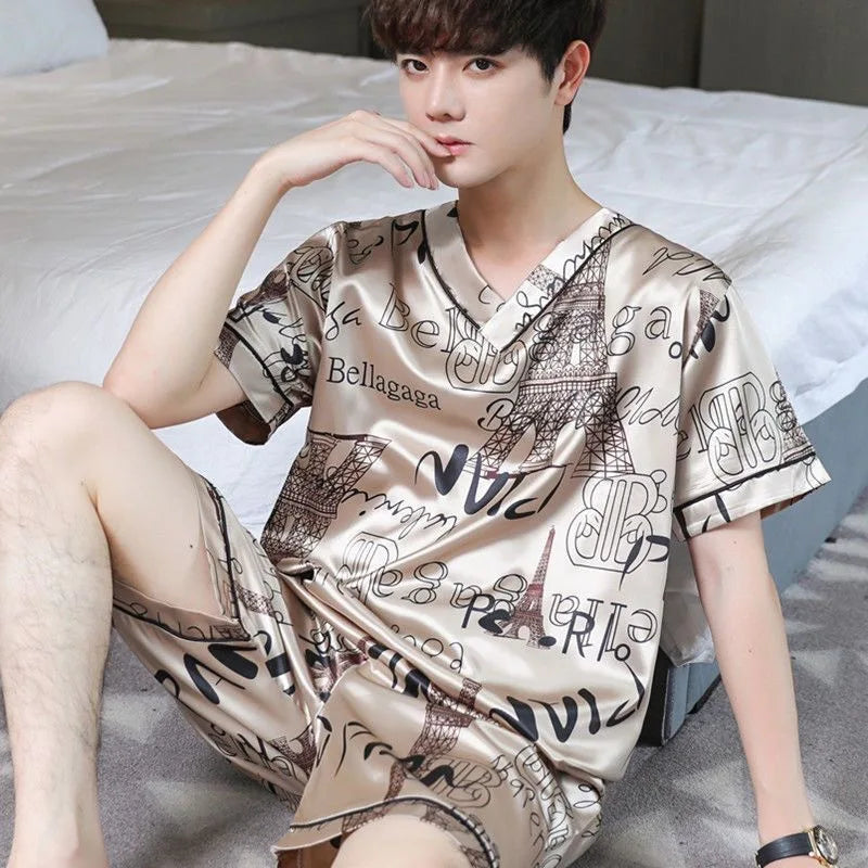 Men’s Ice Silk Short-Sleeve Pajama Set – Large Size