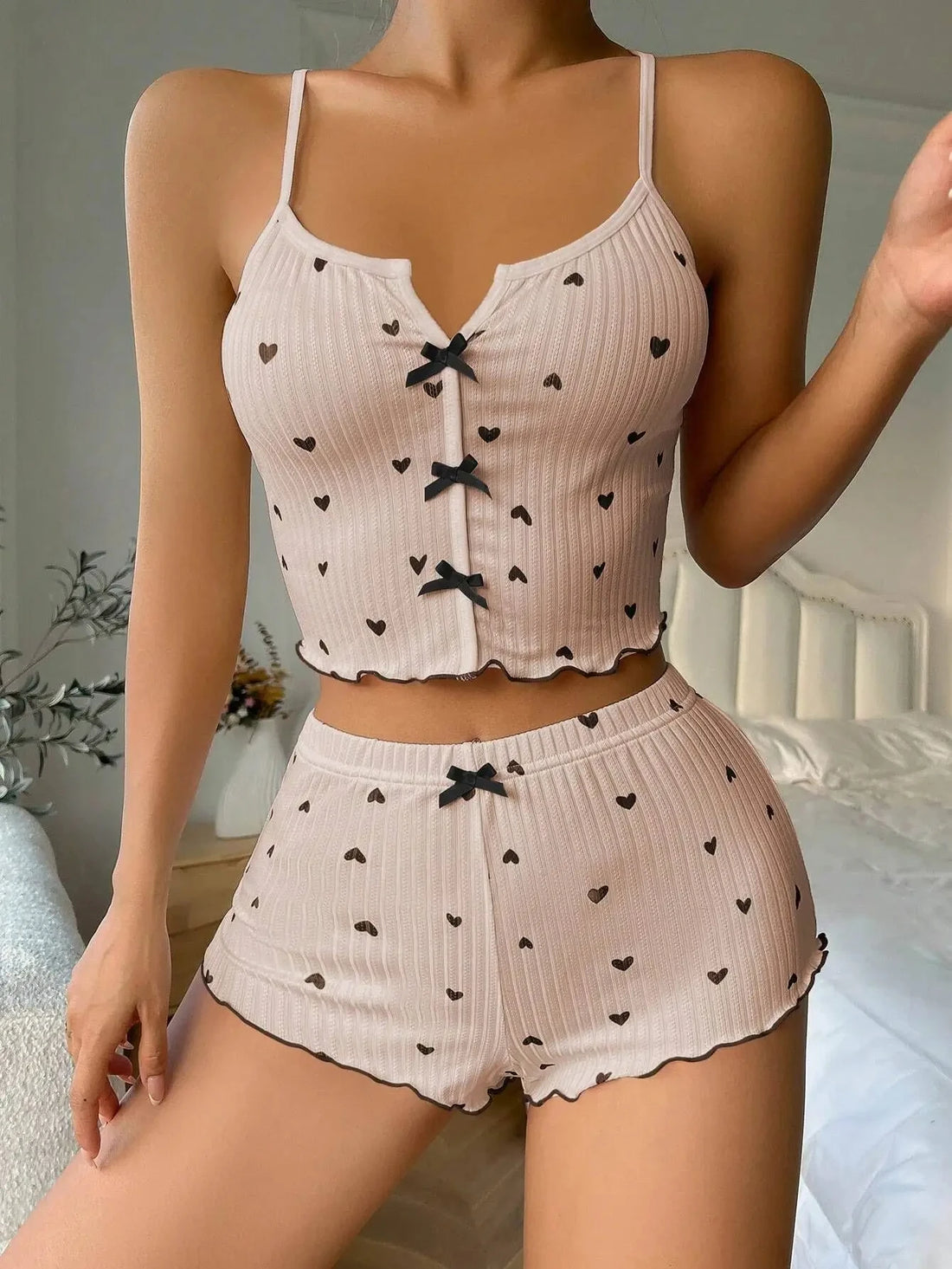 Women’s Heart Print Silk Pajama Set