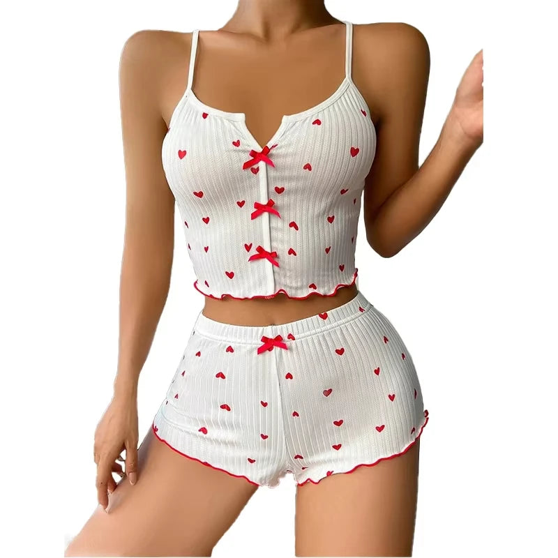 Women’s Heart Print Silk Pajama Set