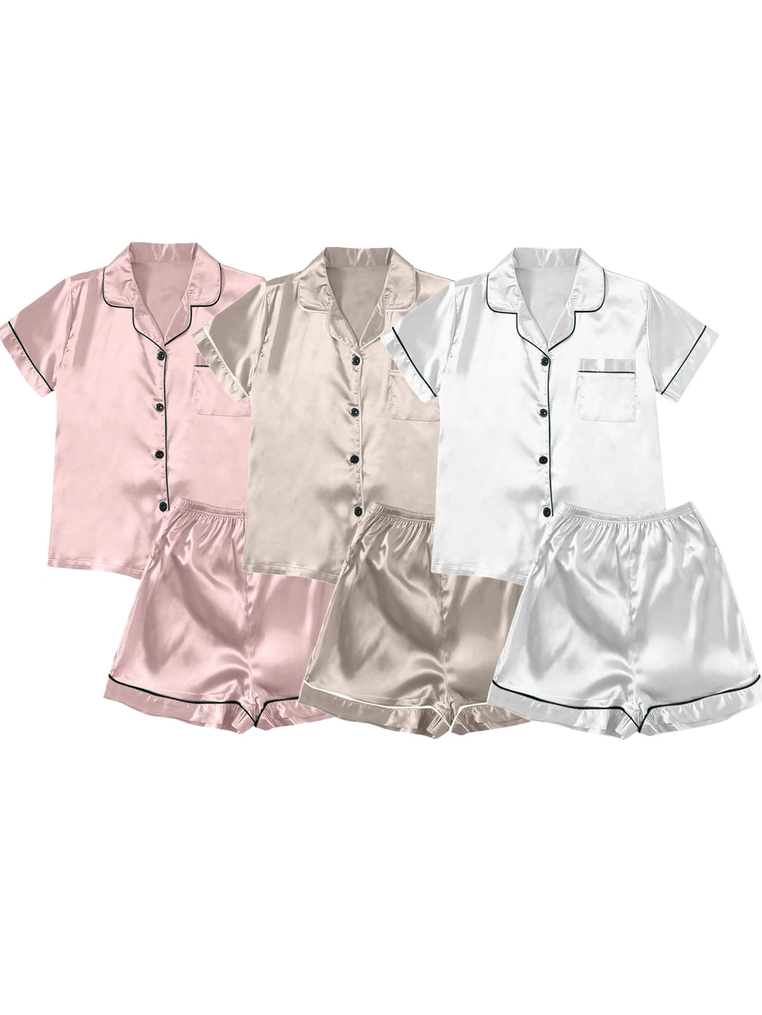 Women’s Ice Silk Short-Sleeve Pajama Set – 3 Pieces