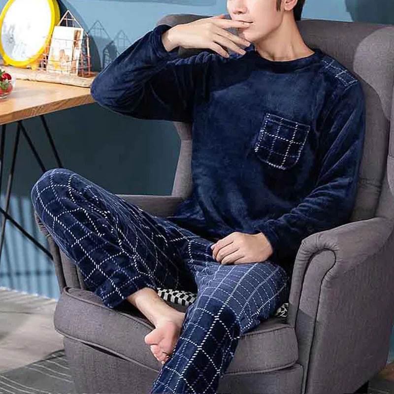 2pcs Men’s Coral Fleece Pajama Set – Fall & Winter