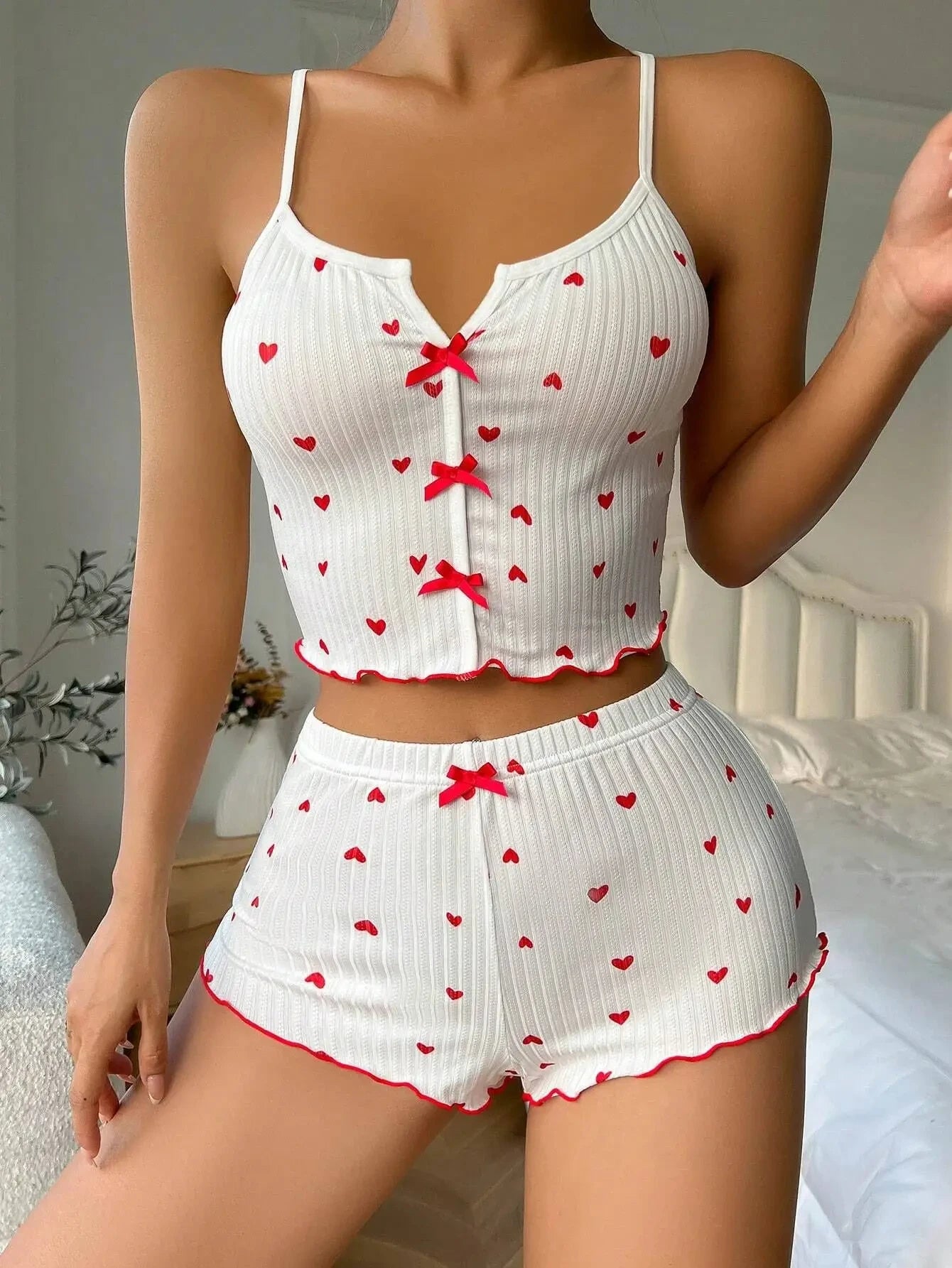 Women’s Heart Print Silk Pajama Set