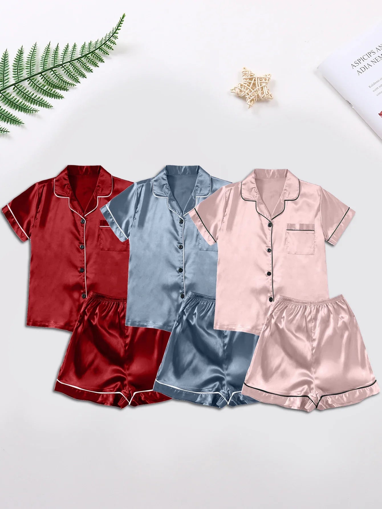 Women’s Ice Silk Short-Sleeve Pajama Set – 3 Pieces