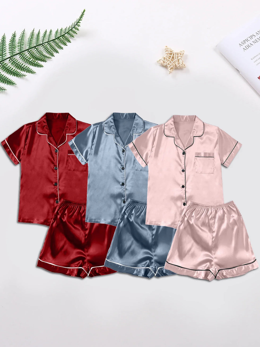 Women’s Ice Silk Short-Sleeve Pajama Set – 3 Pieces