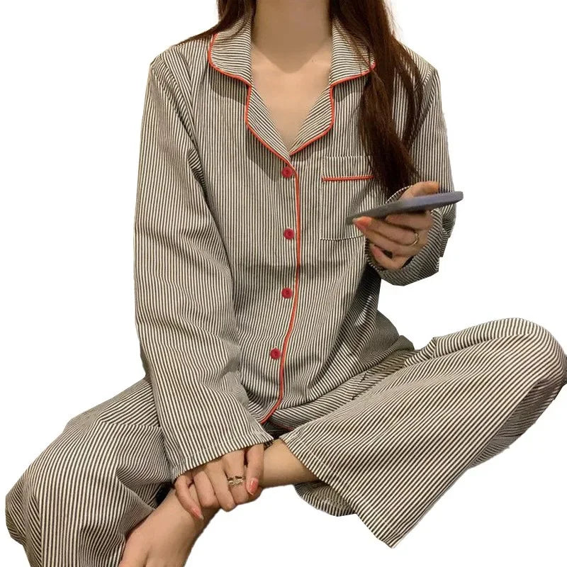 Women’s Gray Striped Long Sleeve Pajama Set