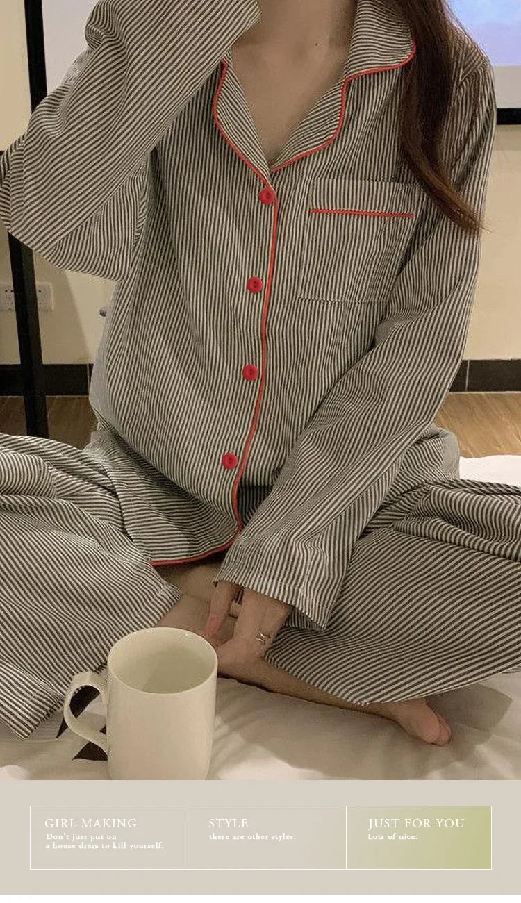 Women’s Gray Striped Long Sleeve Pajama Set