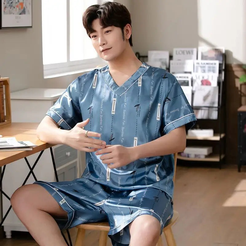Men’s Ice Silk Short-Sleeve Pajama Set – Large Size