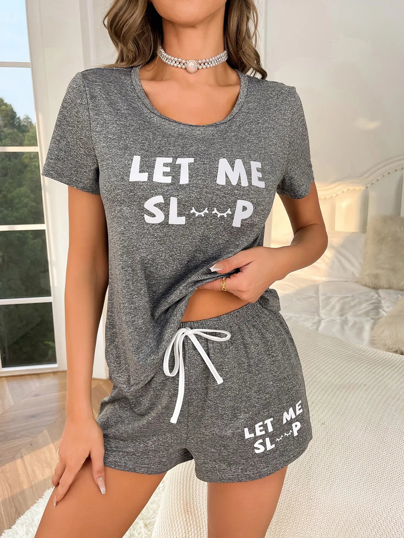 Women’s Gray Letter Two-Piece Pajama Set