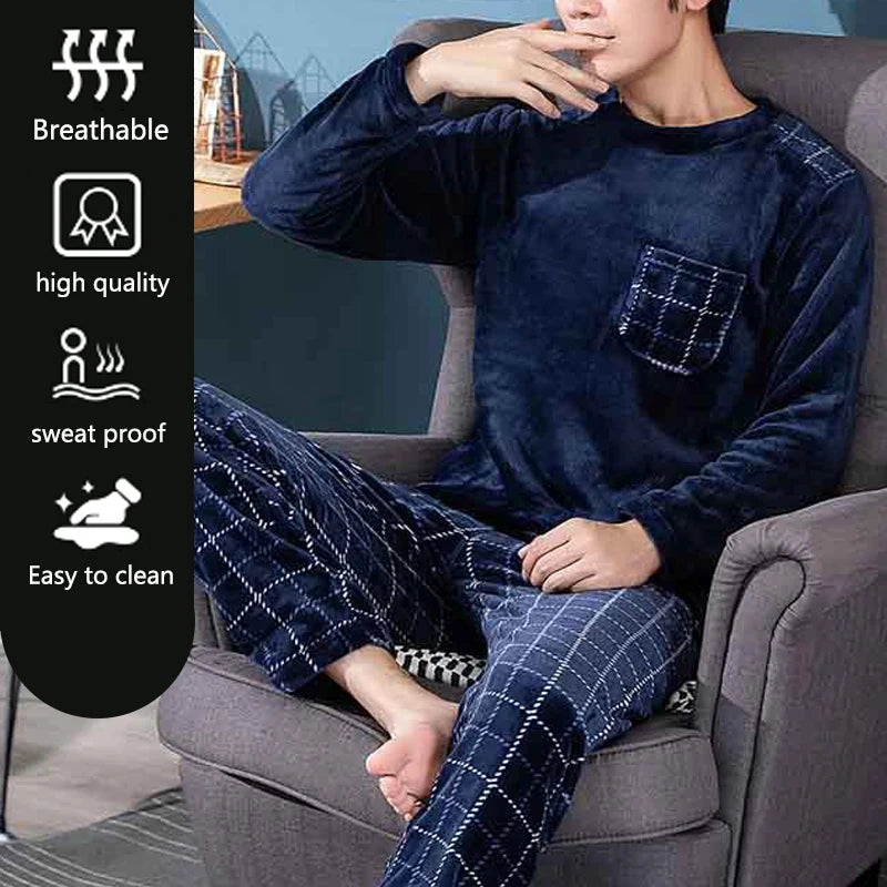 2pcs Men’s Coral Fleece Pajama Set – Fall & Winter