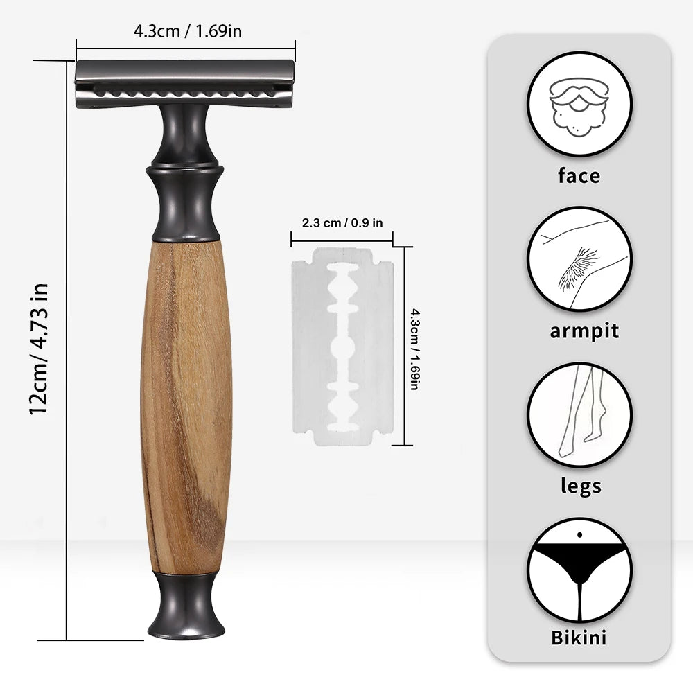 Olive Wood Safety Razor with 10 Blades