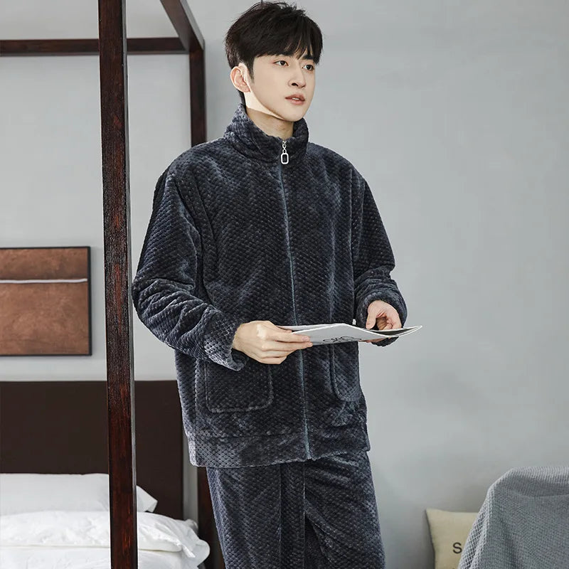 Men’s Flannel Zipper Pajama Set – Autumn/Winter