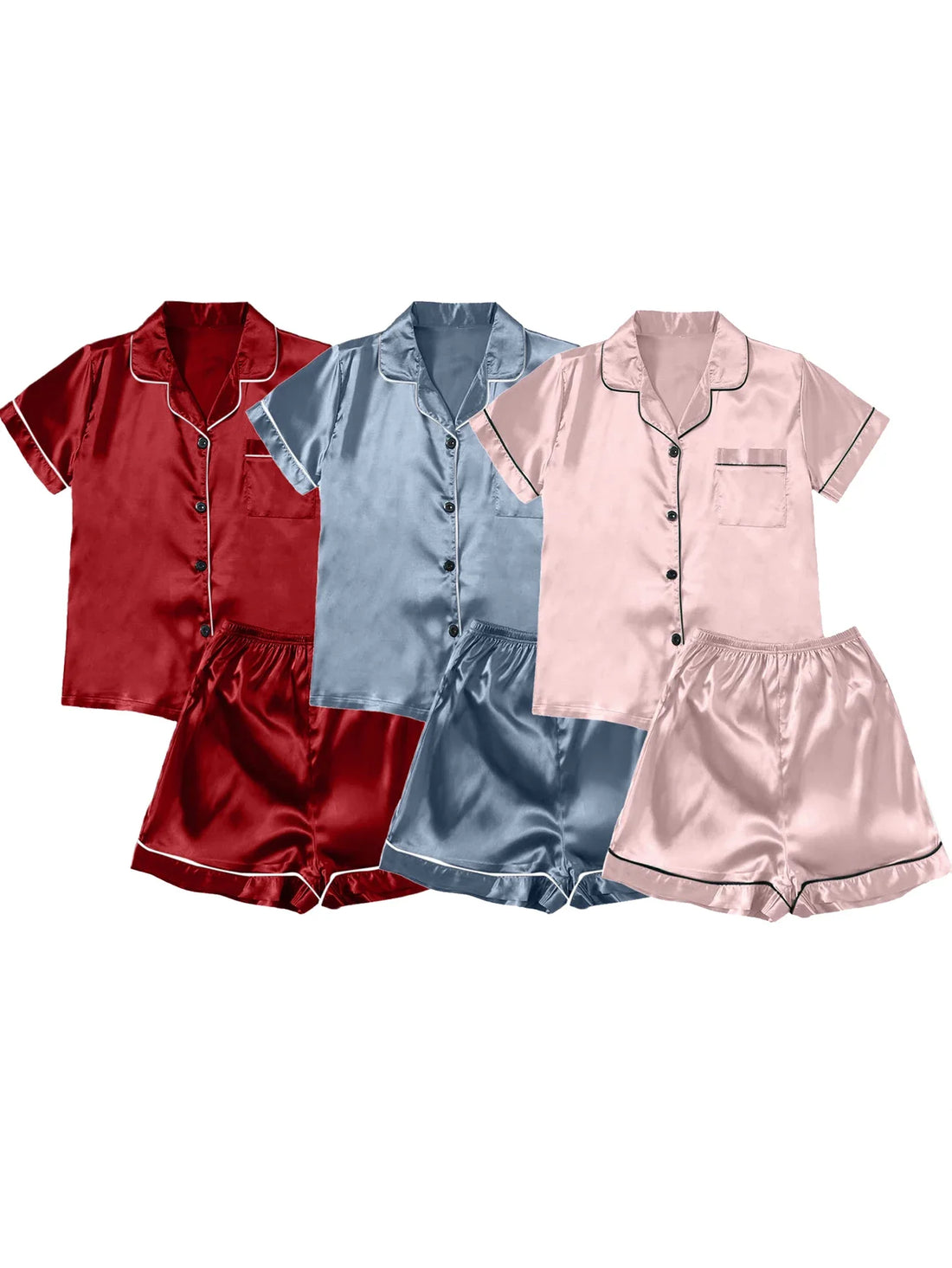 Women’s Ice Silk Short-Sleeve Pajama Set – 3 Pieces