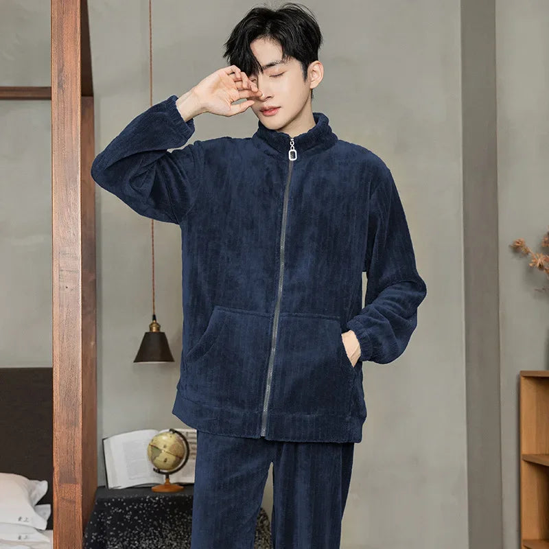 Men’s Flannel Zipper Pajama Set – Autumn/Winter