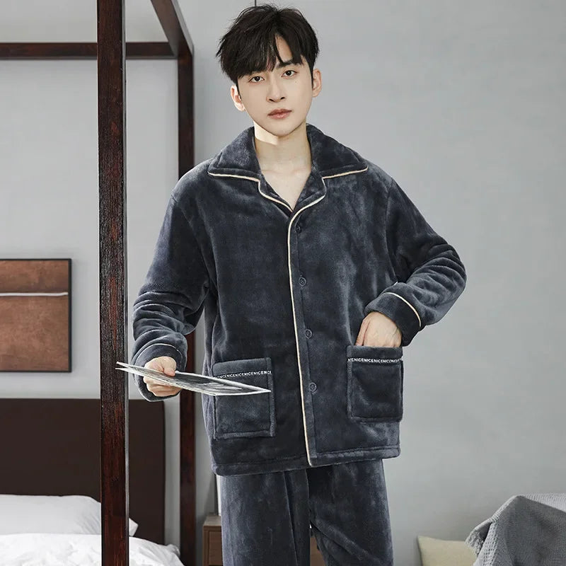 Men’s Flannel Zipper Pajama Set – Autumn/Winter