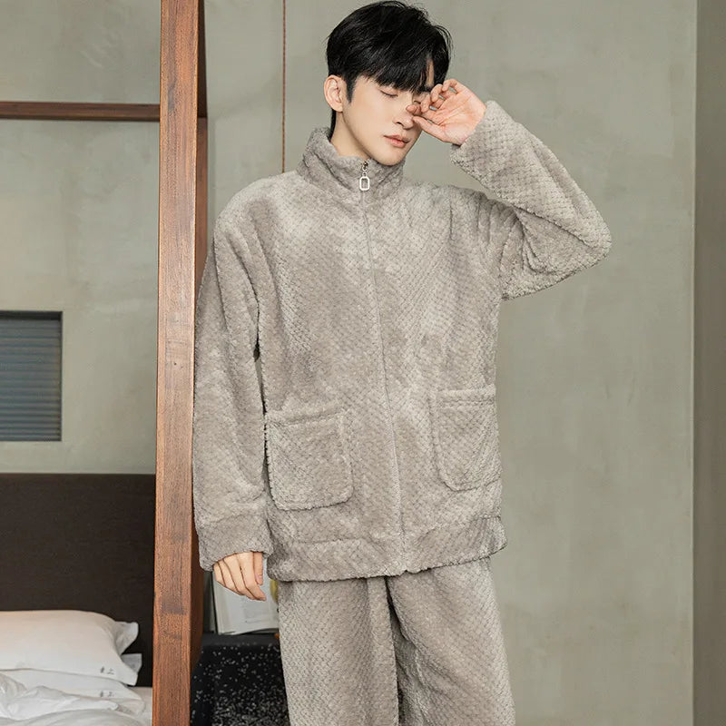 Men’s Flannel Zipper Pajama Set – Autumn/Winter